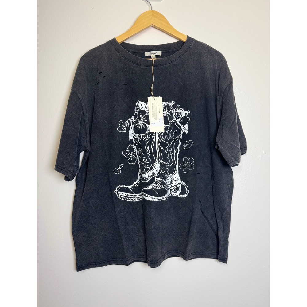 Blue Velvet Cowboy Boot Floral Graphic T-Shirt Washed Black Distressed S Western